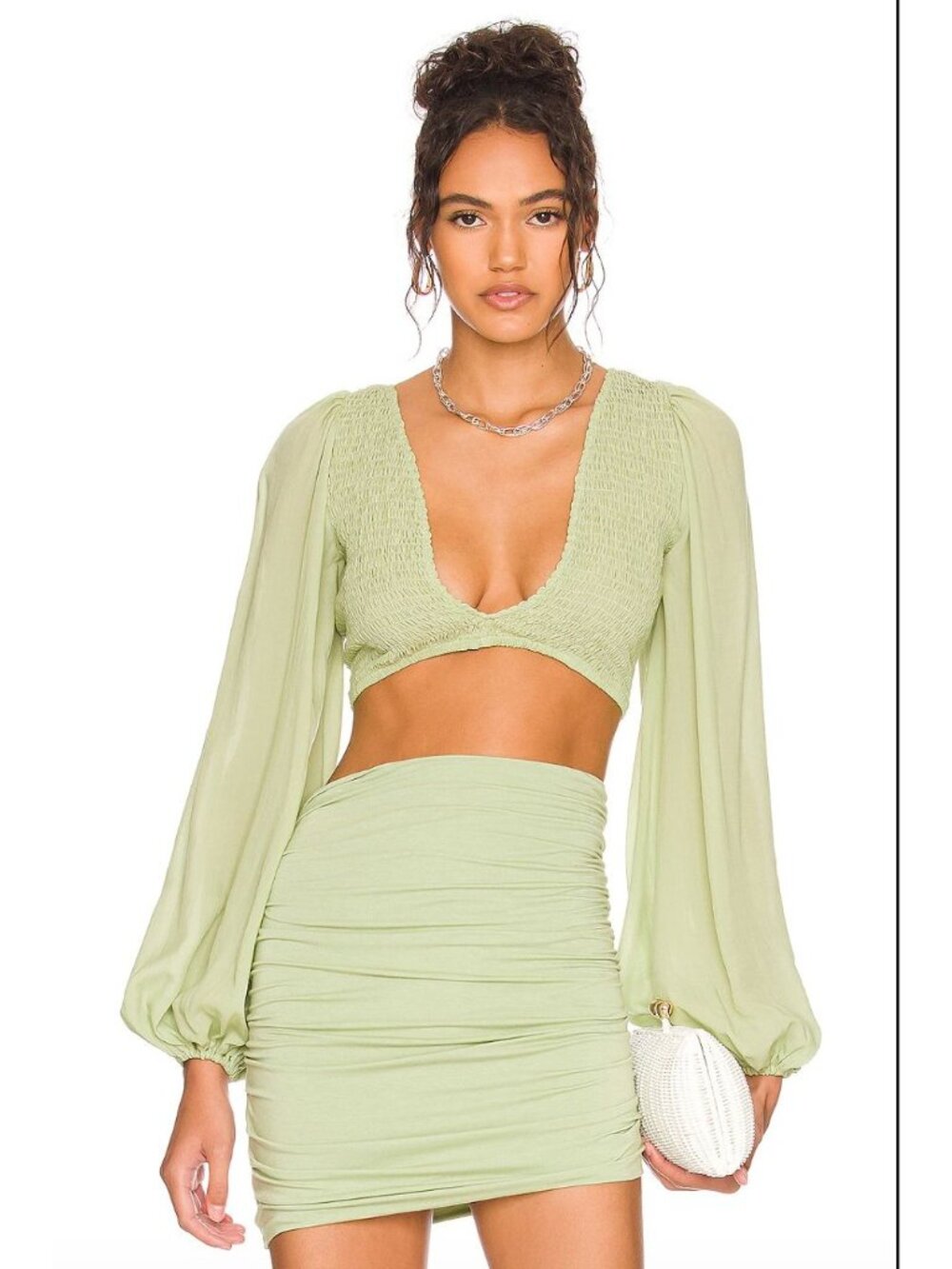 Indah Size XS Biru Victorian Crop Top Green Smocked Billowy Sleeves